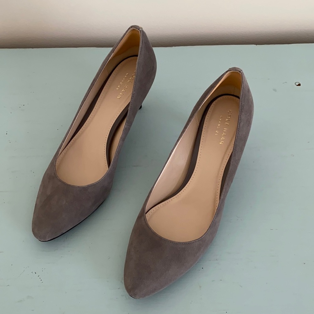Suede gray Cole Haan heels.